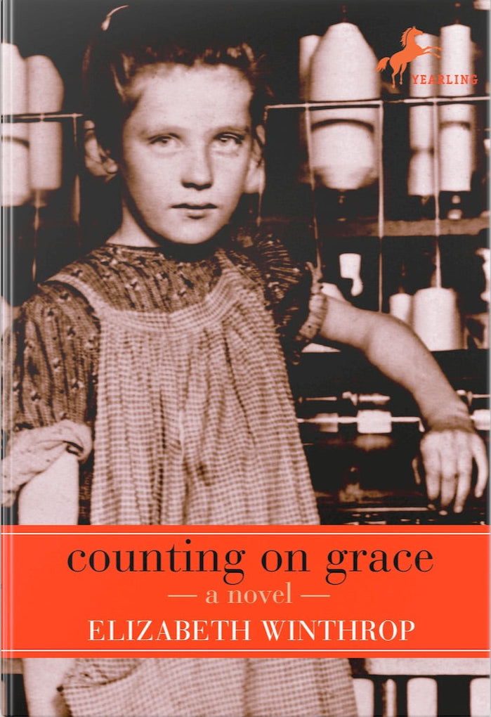 Book cover for the novel 'counting on grace' by Elizabeth Winthrop, featuring a sepia-toned photograph of a young girl in an apron with shelves of white containers behind her, and a bright orange-red title band at the bottom.